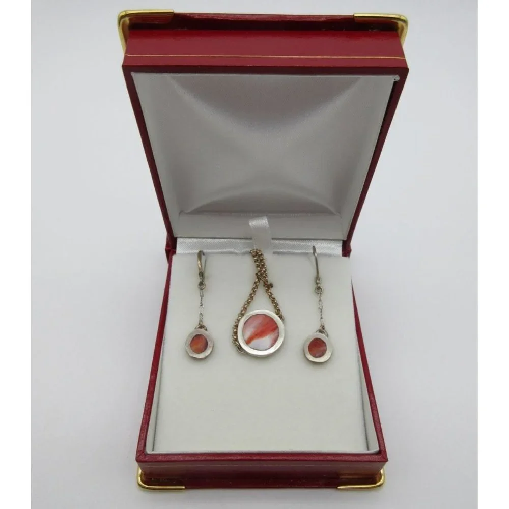 Silver Necklace and Earring Set with Coral Pink Inlay